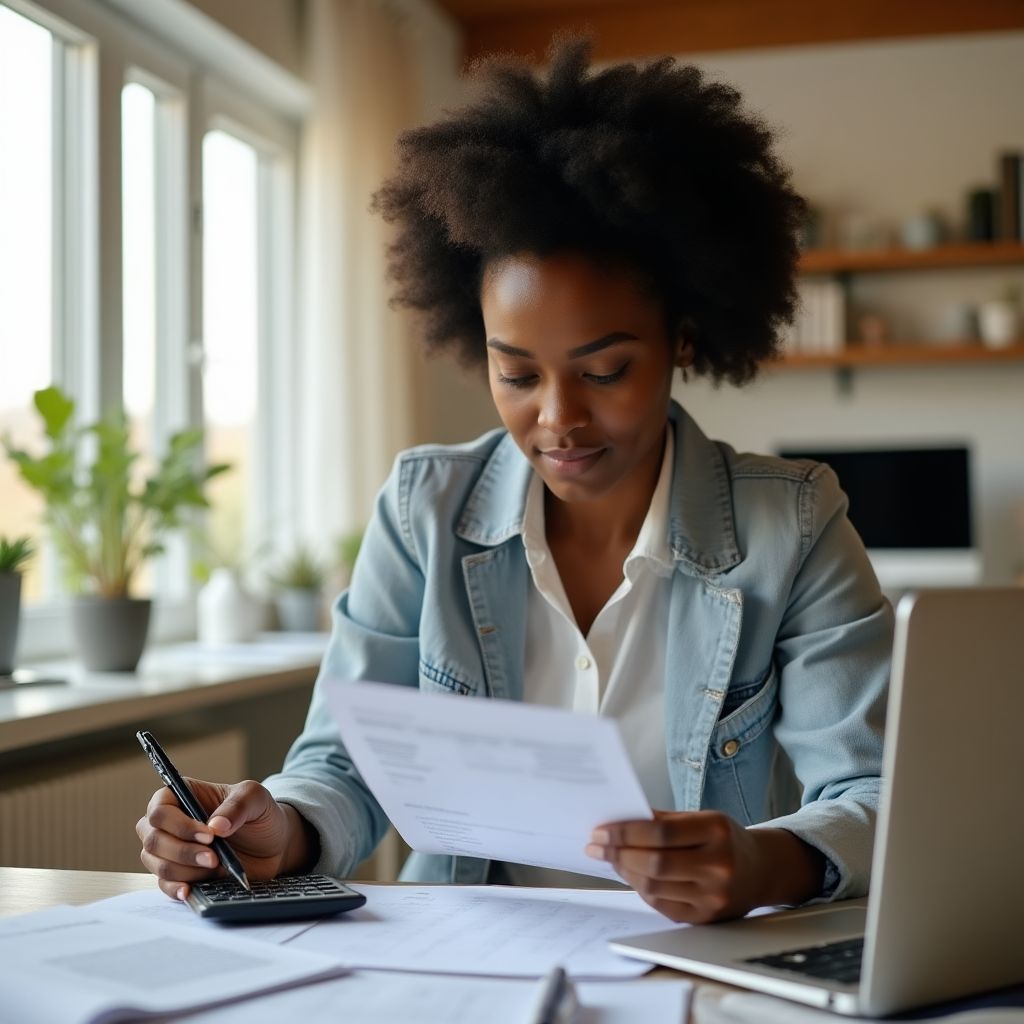 Person analyzing household budget with calculator