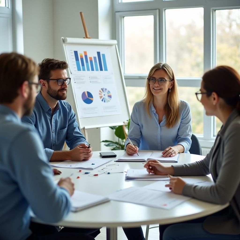 Group of financial educators planning debt management curriculum