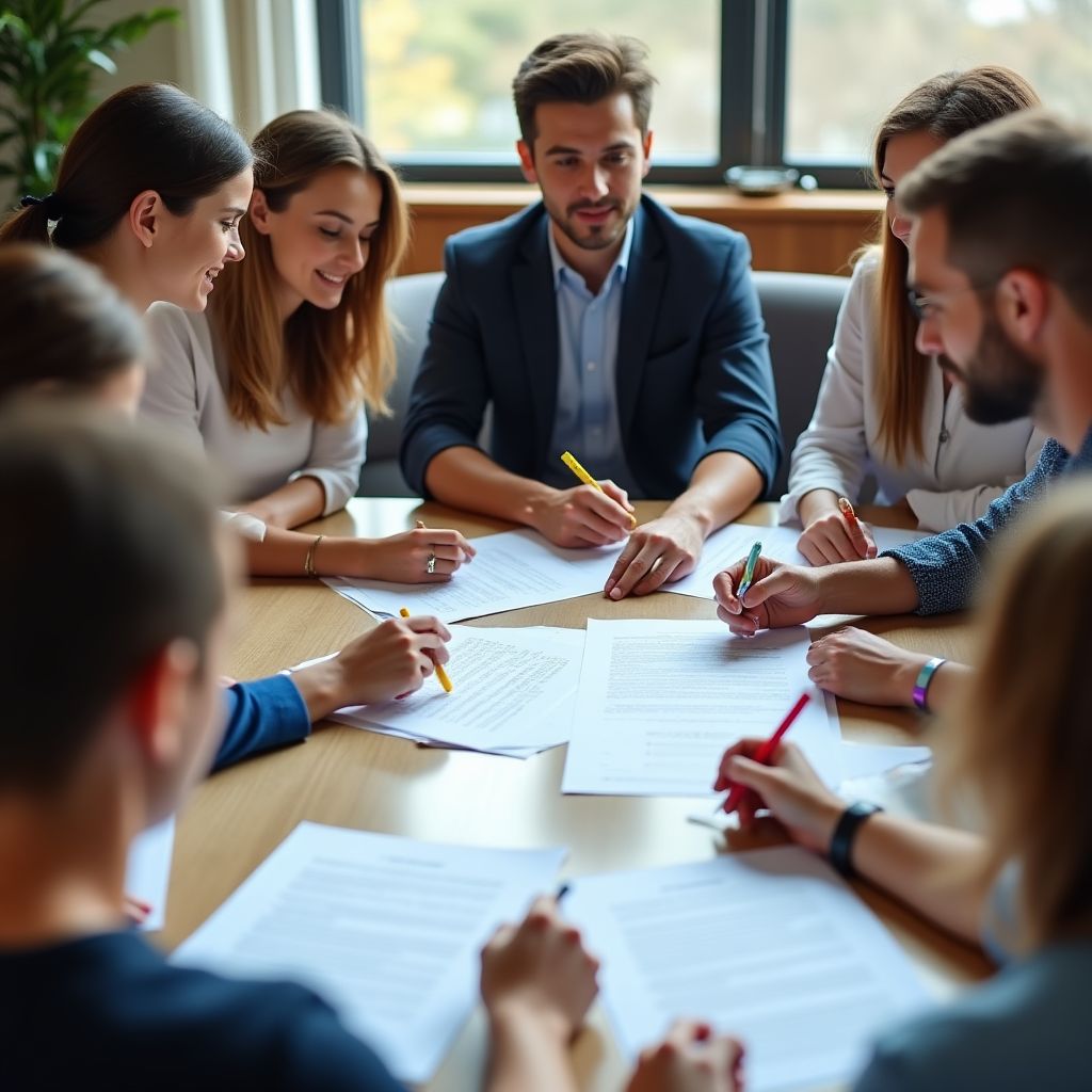 Workshop participants reviewing loan documents with instructor